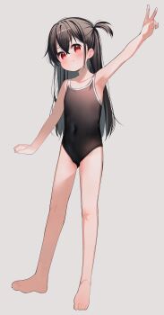 >:) 1girl absurdres arm_up bare_arms bare_legs bare_shoulders barefoot black_hair black_one-piece_swimsuit blush closed_mouth commentary_request covered_navel full_body grey_background hair_between_eyes highres loli long_hair looking_at_viewer meito_(maze) one-piece_swimsuit one_side_up original red_eyes romaji_text school_swimsuit simple_background smile solo standing swimsuit v v-shaped_eyebrows very_long_hair