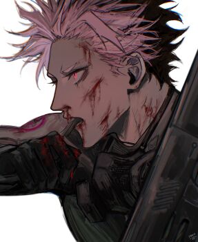 Rule 34 | 1boy, black gloves, black hair, bruise, bruise on face, bruise on neck, commentary, english commentary, eyelashes, from side, gloves, highres, injury, kaijuu no. 8, male focus, multicolored hair, narumi gen, pink eyes, pink hair, ryuqzn, short hair, signature, simple background, solo, two-tone hair, upper body, white background