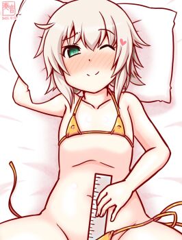 1girl artist_logo bikini blonde_hair commentary_request covered_erect_nipples dated flat_chest green_eyes kanon_(kurogane_knights) kantai_collection logo loli lying measuring micro_bikini one-hour_drawing_challenge one_eye_closed open_clothes out-of-frame_censoring penis_measuring pillow ruler shimushu_(kancolle) short_hair side-tie_bikini_bottom smile solo swimsuit untied_bikini