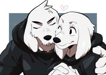 1boy 1girl black_cloak cloak closed_eyes closed_mouth commentary_request dogamy dogaressa furry furry_female furry_male heart highres holding_hands hood hood_down hooded_cloak kageimo looking_at_another smile undertale upper_body utdr_(toby_fox)
