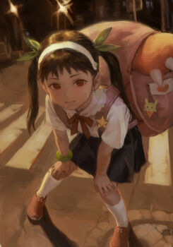Rule 34 | 1girl, absurdres, backpack, bag, bakemonogatari, black hair, black skirt, commentary request, crosswalk, diffraction spikes, green ribbon, grin, hachikuji mayoi, hair ribbon, hairband, hands on own knees, highres, jade bracelet, lamppost, light blush, looking at viewer, monogatari (series), neck ribbon, night, outdoors, parted lips, pink bag, red eyes, red ribbon, ribbon, shadow, shirt, short sleeves, skirt, smile, socks, solipsist, solo, standing, sweat, twintails, white hairband, white shirt, white socks
