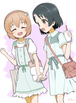 2girls :d ^_^ aayh bag black_hair blue_dress brown_eyes brown_hair brown_hairband closed_eyes commentary_request cup disposable_cup dress drinking_straw elbow_carry hair_ornament hairband hairclip handbag holding holding_cup holding_hands idolmaster idolmaster_cinderella_girls koga_koharu multiple_girls open_mouth paper_bag pink_background puffy_short_sleeves puffy_sleeves rabbit_hair_ornament sasaki_chie shirt short_sleeves shoulder_bag signature sleeveless sleeveless_dress smile two-tone_background walking white_background white_shirt