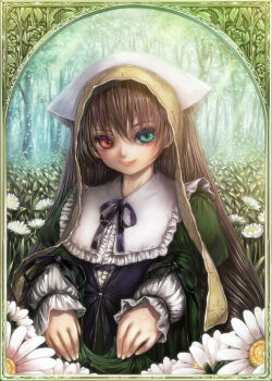 Rule 34 | 1girl, black corset, black ribbon, border, brown hair, closed mouth, collared dress, commentary request, corset, dress, field, floral border, flower, flower field, forest, frilled shirt collar, frills, green border, green dress, green eyes, headscarf, heterochromia, lappet, lips, lolita fashion, long hair, long sleeves, looking at viewer, misaki (kyal 001), nature, neck ribbon, red eyes, ribbon, rozen maiden, smile, solo, suiseiseki, upper body, very long hair, white flower, white headscarf