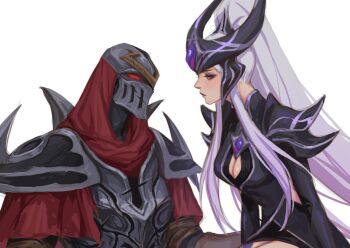 1boy 1girl armor black_dress black_helmet black_sclera breasts cleavage cleavage_cutout closed_mouth clothing_cutout colored_sclera dress from_side helmet high_ponytail hip_vent league_of_legends long_hair long_sleeves looking_at_another mask piscina ponytail purple_eyes purple_hair red_eyes sidelocks simple_background syndra very_long_hair white_background zed_(league_of_legends)