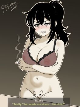 1girl annoyed arms_under_breasts black_hair blush bottomless bra breasts cigarette cleavage cleft_of_venus clenched_teeth cowboy_shot crossed_arms do_you_want_to_pet_my_cat_(meme) english_text female_focus gradient_background green_eyes highres holding holding_cigarette large_breasts looking_at_viewer mature_female nipples pinkflamingo ponytail pussy renee_graves see-through_bra see-through_clothes sidelocks signature solo standing talking teeth the_coffin_of_andy_and_leyley underwear variant_set