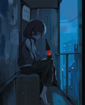 1girl absurdres agm apartment balcony barefoot black_eyes black_skirt blue_theme blunt_bangs blush bocchi_the_rock! bottle braid braided_ponytail city drunk earrings film_grain full_body glass_bottle green_jacket highres hiroi_kikuri holding holding_bottle jacket jewelry long_skirt long_sleeves looking_ahead medium_hair outdoors purple_hair railing side_ponytail sitting skirt sleeve_cuffs solo