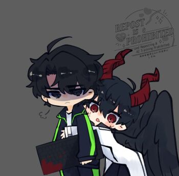 2boys :o black_coat black_eyes black_hair black_shirt black_wings blood breath coat collared_shirt colored_veins commentary computer_keyboard demon_horns double-parted_bangs english_commentary feathered_wings hair_between_eyes highres holding_computer_keyboard horns hug hug_from_behind kim_dokja kimidori_22 male_focus multiple_boys omniscient_reader&#039;s_viewpoint open_clothes open_coat partially_shaded_face popped_collar shirt short_hair white_coat wings yoo_joonghyuk