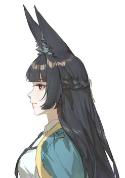 1girl animal_ears aqua_jacket black_hair blunt_bangs fox_ears fox_girl highres hongshi hoshimi_miyabi jacket long_hair red_eyes sarashi shirt white_shirt zenless_zone_zero