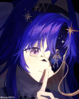 2girls absurdres astronaut black_background blue_eyes blue_hair colored_inner_hair cracked_kawaii_mask cracked_skin finger_to_mouth hair_ornament highres kiperina long_hair looking_at_another mossi_(mossi0816) multicolored_hair multiple_girls portrait reverse:1999 school_uniform shushing simple_background size_difference smile soviet_school_uniform space star_(symbol) star_hair_ornament voyager_(reverse:1999)