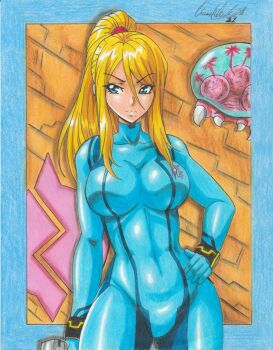 1girl blonde_hair blue_eyes bodysuit breasts highres large_breasts long_hair looking_at_viewer metroid mole mole_under_mouth nintendo ponytail ravernclouk_design samus_aran solo super_smash_bros. zero_suit