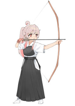 1girl ahoge alternate_costume araimelon archery archery_shooting_glove arrow_(projectile) bare_arms black_hakama bow_(weapon) brown_eyes clothing_cutout commentary commission english_commentary full_body gloves grey_hair hair_between_eyes hakama highres hip_vent japanese_clothes kimono kyuudou legs_apart light_blush long_hair muneate no_shoes onii-chan_wa_oshimai! oyama_mahiro partially_fingerless_gloves pink_gloves pink_hair pixiv_commission ponytail short_sleeves simple_background single_glove solo standing weapon white_background white_kimono