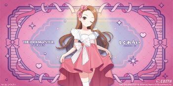 brown_hair dress earrings english_text forehead idolmaster idolmaster_(classic) japanese_text jewelry lifting_own_clothes minase_iori official_art one_eye_closed promotional_art red_eyes smile spotlight thighhighs white_thighhighs