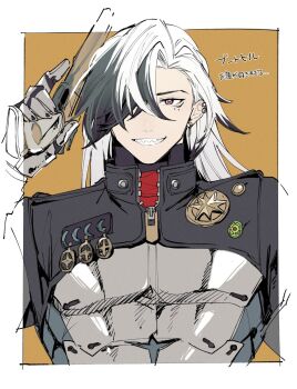 1boy bandana black_hair black_jacket boothill_(honkai:_star_rail) border brown_background bullet_earrings commentary_request cyborg earclip earrings grey_armor gun hair_over_one_eye hand_up handgun highres holding holding_gun holding_weapon honkai:_star_rail honkai_(series) jacket jewelry long_hair long_sleeves looking_at_viewer male_focus mechanical_arms mechanical_hands multicolored_hair outside_border red_bandana red_pupils sharp_teeth sheriff_badge simple_background single_earring smile solo tatumin13 teeth translation_request two-tone_hair upper_body weapon white_border white_eyes white_hair zipper