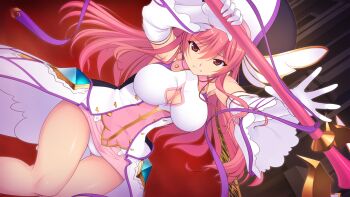 1girl bare_shoulders breasts cleavage cleavage_cutout clenched_teeth clothing_cutout detached_sleeves dress dutch_angle elbow_gloves en_ciel_rena en_ciel_rena_(magius) game_cg gloves gluteal_fold hair_between_eyes hat holding holding_staff kourin_tenshi_en_ciel_rena large_breasts large_variant_set long_hair looking_at_viewer magical_girl non-web_source official_art panties pantyshot pink_hair purple_ribbon red_eyes ribbon saitou_natsuki skirt solo staff suhamaya teeth thigh_gap tomoe_rena underwear variant_set weapon white_gloves white_panties wide_sleeves