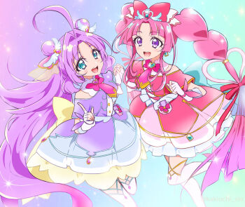 Rule 34 | 2girls, ahoge, akechi anna, back bow, blue bow, blue eyes, bow, bowtie, braid, brooch, capelet, colorful background, cure answer, cure mystique, double bun, dress, earrings, fingerless gloves, frilled dress, frills, gloves, hair bow, hair bun, hair intakes, hair ornament, hair ribbon, heart, heart brooch, heart hair ornament, holding hands, huge bow, impossible hair, index finger raised, interlocked fingers, jewelry, kakiuchi itsuki, kobayashi mikuru, layered gloves, leg up, long hair, looking at viewer, magical girl, medium dress, meitantei precure!, multiple girls, open mouth, pact holder, parted bangs, pink hair, precure, purple capelet, purple dress, purple eyes, purple hair, red bow, red bowtie, red capelet, red dress, red ribbon, ribbon, side-by-side, sidelocks, sleeveless, sleeveless dress, smile, standing, standing on one leg, thighhighs, twin braids, white gloves, white thighhighs, wing hair ornament, yellow bow, yellow bowtie