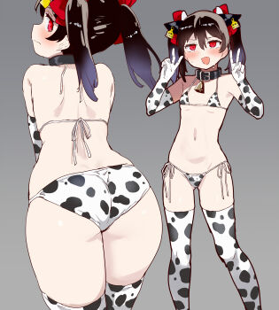 1girl animal_print ass bell bikini black_collar black_hair blush breasts collar cow_print cow_print_bikini cow_print_gloves cow_print_thighhighs cowbell double_v elbow_gloves from_behind gloves grey_background hair_ribbon highres kurokawa_makoto loli looking_at_viewer looking_back love_live! love_live!_school_idol_project multiple_views navel neck_bell open_mouth print_bikini print_gloves print_thighhighs red_eyes red_ribbon ribbon short_hair simple_background small_breasts smile standing sweat swimsuit thighhighs twintails v white_bikini white_gloves white_thighhighs yazawa_nico