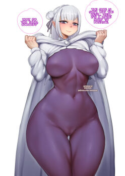 1girl bodysuit bokuman breasts cameltoe closed_mouth covered_navel cowboy_shot elf emilia_(re:zero) english_text eyelashes female_focus hands_up hood hood_down hooded_robe large_breasts long_hair long_sleeves looking_at_viewer naughty_face open_clothes open_robe pointy_ears purple_bodysuit purple_eyes re:zero_kara_hajimeru_isekai_seikatsu robe simple_background smile solo speech_bubble thigh_gap white_background white_hair white_robe wide_hips