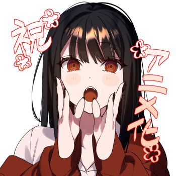 1girl black_hair black_nails chihara_mai commentary_request hands_up highres jacket jirai_nan_desu_ka?_chihara-san long_hair looking_at_viewer open_mouth red_eyes red_jacket ringed_eyes ryon_(ryonhei) shirt simple_background solo teeth translation_request upper_body upper_teeth_only white_background white_shirt