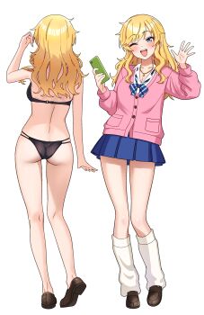1girl absurdres ass bikini black_bikini blonde_hair blue_bow blue_bowtie blue_eyes blue_skirt blush bow bowtie breasts brown_shoes cardigan cellphone cleavage commentary_request highres holding holding_phone idolmaster idolmaster_cinderella_girls jewelry long_hair looking_at_viewer loose_socks medium_breasts necklace niban_(puka_0507) ohtsuki_yui one_eye_closed open_mouth phone pink_cardigan pleated_skirt shirt shoes skirt smartphone smile socks swimsuit thighs waving wavy_hair wavy_sidelocks white_background white_shirt white_socks