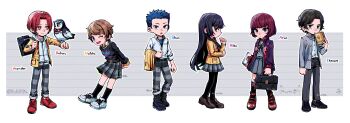 3boys 3girls :&lt; :o ;d absurdres animal_on_arm arai_motoha arm_at_side arms_behind_back artist_name belt belt_buckle bird bird_on_arm black_belt black_boots black_choker black_eyes black_hair black_jacket black_pantyhose black_ribbon black_socks black_sweater blue_eyes blue_hair blue_shirt blunt_bangs blunt_ends bob_cut book boots bright_pupils brown_eyes brown_hair brown_shoes buckle character_name choker closed_mouth collared_shirt drawstring freckles frown full_body grey_background grey_eyes grey_jacket grey_pants grey_skirt hair_ornament hairclip hand_on_own_elbow hand_up highres hirano_aran holding holding_book holding_jacket holding_notebook holding_unworn_clothes hood hoodie ikenami_shouki jack_7274 jacket kamishiro_nagisa kanou_shun lace-up_boots loafers long_hair long_sleeves looking_at_animal looking_at_another looking_at_viewer looking_to_the_side lufel_(owl)_(p5x) lufel_(p5x) multiple_boys multiple_girls neck_ribbon notebook one_eye_closed open_clothes open_jacket open_mouth outline owl pants pantyhose parted_bangs persona persona_5 persona_5:_the_phantom_x plaid_clothes plaid_pants plaid_skirt pleated_skirt purple_eyes red_eyes red_hair red_shoes ribbon sailor_collar school_uniform shirt shoes short_hair simple_background skirt smile sneakers socks standing sweater tanemura_riko teeth twitter_username two-tone_background undershirt unworn_jacket upper_teeth_only white_background white_hoodie white_outline white_pupils white_shirt white_shoes wing_collar yellow_jacket