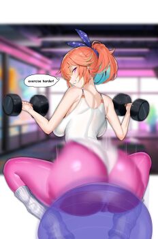 1girl absurdres ass ass_shake ball blurry blurry_background breasts colored_inner_hair dumbbell english_text exercise_ball exercising green_hair highres holding holding_dumbbell hololive hololive_english huge_ass kneehighs large_breasts leotard looking_at_viewer looking_back maruyaa_(malya1006) motion_blur multicolored_hair official_alternate_costume orange_hair pants pink_eyes pink_pants ponytail smile socks solo squatting takanashi_kiara takanashi_kiara_(fever_night) teeth virtual_youtuber weightlifting white_leotard white_socks yoga_pants
