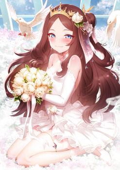 1girl alternate_costume animal bare_shoulders bird blue_eyes blush bouquet breasts bride brown_hair cleavage crown dress earrings elbow_gloves fate/grand_order fate_(series) flower gloves highres jewelry leonardo_da_vinci_(fate) leonardo_da_vinci_(fate/grand_order) leonardo_da_vinci_(rider)_(fate) loli long_hair looking_at_viewer m-da_s-tarou parted_bangs side_ponytail sitting small_breasts smile solo thighs wariza wedding_dress white_dress white_gloves