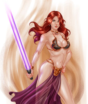 1girl absurdres alternate_costume breasts cleavage curvy energy_sword green_eyes highres holding holding_sword holding_weapon huttslayer_leia kris&amp;jen large_breasts lightsaber long_hair looking_at_viewer mara_jade metal_bikini navel pelvic_curtain princess_leia purple_lightsaber red_hair shiny_skin solo star_wars sword weapon wide_hips