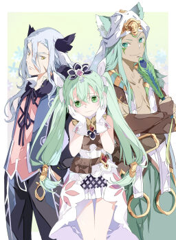 1girl 2boys animal_ears bare_pectorals black_ribbon cat_boy cat_ears closed_mouth collarbone commentary_request diras frey_(rune_factory) gloves green_eyes green_hair grey_hair hair_between_eyes leon_(rune_factory) long_hair multiple_boys oboro_keisuke peacock_feathers pectorals ribbon rune_factory rune_factory_4 twintails wavy_mouth white_gloves white_headdress yellow_eyes