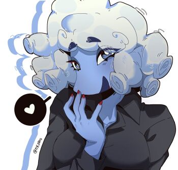 1girl blue_eyes blue_hair blue_skin breasts colored_skin commentary deltarune elnina_(deltarune) english_commentary heart highres makeup nail_polish ny_000a shirt signature simple_background spoken_heart thick_eyebrows utdr_(toby_fox) white_hair