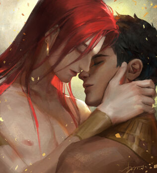 2boys armband black_hair closed_eyes confetti earrings ennead hand_on_another&#039;s_head highres horus_(ennead) jewelry kdash long_hair male_focus multiple_boys nipples red_hair seth_(ennead) short_hair signature topless_male usekh_collar yaoi