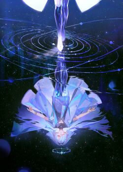 1girl absurdres commentary dress earrings elodeas grey_hair hair_over_one_eye halo highres jacket jewelry mornye_(wuthering_waves) purple_dress red_eyes reflection reflection_focus reflective_floor see-through_body sky solo space star_(sky) starry_sky symbol-only_commentary triangle_earrings white_jacket wuthering_waves