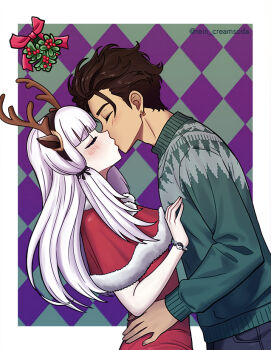 Rule 34 | 1boy, 1girl, alternate costume, antlers, argyle background, artist name, bare shoulders, blush, breasts, christmas, claude von riegan, closed eyes, dark-skinned male, dark skin, dress, fire emblem, fire emblem: three houses, fire emblem warriors: three hopes, green sweater, hands on another's chest, hands on another's waist, horns, kiss, long hair, lysithea von ordelia, medium breasts, mistletoe, nintendo, official alternate hairstyle, rein creamsoda, reindeer antlers, santa costume, santa dress, sweater, twitter username, very long hair, white hair
