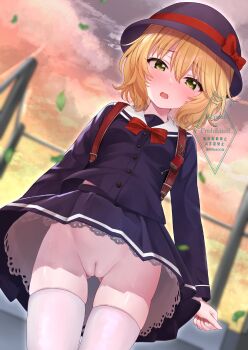 1girl absurdres backpack bag blonde_hair blurry blurry_background blurry_foreground blush bow commission depth_of_field gluteal_fold green_eyes hat hat_bow highres idolmaster idolmaster_cinderella_girls idolmaster_cinderella_girls_u149 loli looking_at_viewer no_panties open_mouth outdoors pussy randoseru red_bow ri5taccia sakurai_momoka school_uniform short_hair skeb_commission solo standing thighhighs uncensored watermark