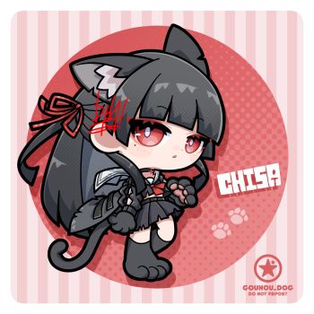 1girl animal_ear_fluff animal_ears animal_feet animal_hands arm_cutout artist_logo black_choker black_hair black_jacket black_serafuku black_shirt black_skirt cat_ears cat_girl cat_tail character_name chisa_(wuthering_waves) choker clothing_cutout commentary crop_top dog-san hair_ribbon highres jacket kemonomimi_mode logo long_hair long_sleeves looking_at_viewer mole mole_under_eye neckerchief parted_lips red_eyes red_neckerchief red_ribbon ribbon sailor_collar school_uniform serafuku shirt skirt solo symbol-only_commentary tail very_long_hair white_sailor_collar wuthering_waves