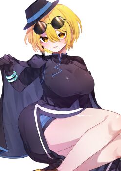 absurdres black_dress black_gloves black_hat black_jacket blonde_hair blush bracelet breasts china_dress chinese_clothes cinq_association_east_uniform don_quixote_(project_moon) dress eyewear_on_head feet_out_of_frame gloves hair_between_eyes hat highres holding holding_jacket holding_unworn_clothes jacket jacket_on_shoulders jewelry large_breasts light_smile limbus_company looking_at_viewer orange_eyes pmchell_04 project_moon shiny_skin short_hair side_slit simple_background sitting sunglasses unworn_jacket white_background