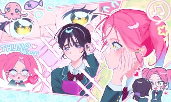 2girls alien_stage beamed_eighth_notes black_bow black_bowtie black_hair black_jacket blazer blush bow bowtie commentary diagonal-striped_bow diagonal-striped_bowtie diagonal-striped_clothes english_commentary food-themed_hair_ornament glasses hair_ornament hair_scrunchie hairband heart heartbeat highres jacket mewpooo_ii mizi_(alien_stage) multiple_girls musical_note official_alternate_costume peach_hair_ornament pink_hair ponytail purple_eyes purple_scrunchie round_teeth school_uniform scrunchie short_ponytail spoken_musical_note star_(symbol) star_hair_ornament striped_bow striped_bowtie striped_clothes sua_(alien_stage) teeth twintails white_hairband yellow_eyes