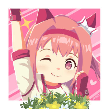 1girl animal_ears arm_up blush bow closed_mouth ear_bow ear_covers fingerless_gloves flower flower-shaped_pupils flower_in_eye gloves hairband haru_urara_(bestest_prize)_(umamusume) haru_urara_(umamusume) headband highres horse_ears horse_girl jacket long_hair looking_at_viewer one_eye_closed pink_background pink_eyes pink_hair pink_headband ponytail rahibizzz red_gloves shirt smile solo star_(symbol) symbol-shaped_pupils symbol_in_eye umamusume upper_body white_jacket white_shirt