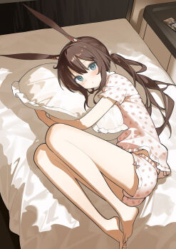 1girl absurdres amiya_(arknights) animal_ear_fluff animal_ears arknights barefoot bed bed_sheet blue_eyes blush brown_hair closed_mouth feet full_body highres hugging_object indoors long_hair looking_at_viewer lying nagisa_(cxcx5235) on_bed on_side pajamas pillow pillow_hug polka_dot polka_dot_shirt ponytail rabbit_ears rabbit_girl shirt short_sleeves shorts sidelocks solo toes white_shorts