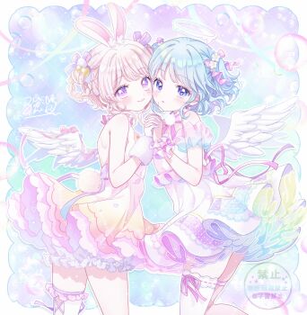 Rule 34 | 2girls, angel, angel wings, animal ears, bare shoulders, blue eyes, blue hair, cheek-to-cheek, cowboy shot, dress, feathered wings, halo, heads together, highres, holding hands, kousagi, looking at viewer, melting halo, multiple girls, original, pink hair, purple eyes, rabbit ears, rabbit girl, rabbit tail, short dress, signature, sleeveless, sleeveless dress, tail, thighhighs, white wings, wings, wrist cuffs