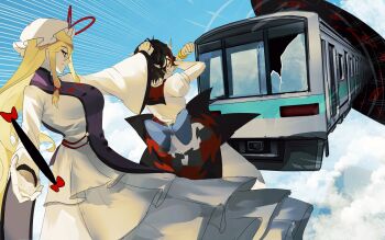 2girls black_hair blonde_hair blue_sky breasts broken_glass broken_window clenched_teeth closed_mouth cloud day dress emphasis_lines flying gap_(touhou) glass hat highres horns incoming_attack invincible_(series) kijin_seija large_breasts long_hair long_sleeves looking_at_another meme midair mob_cap motion_lines multicolored_hair multiple_girls naufaldreamer nose short_hair skirt sky small_breasts speed_lines spell_card tabard teeth touhou train yakumo_yukari