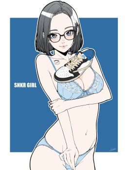 1girl absurdres bambi_surprise black_hair black_shoes blue_bra blue_eyes blue_panties bra breasts glasses highres looking_at_viewer medium_breasts multicolored_shoes navel nike_(company) original panties shoes signature sneakers solo stomach two-tone_shoes underwear underwear_only unworn_headwear white_shoes