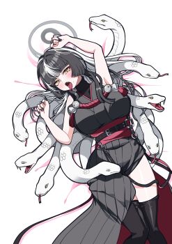 1girl absurdres azami_(blue_archive) black_hair black_kimono black_nails black_thighhighs blue_archive breasts days_(user_zehd4554) forked_tongue grey_halo halo highres japanese_clothes kimono large_breasts looking_at_viewer lying multicolored_hair on_back sleeveless sleeveless_kimono slit_pupils snake snake_hair solo thighhighs tongue two-tone_hair white_hair white_snake yellow_eyes