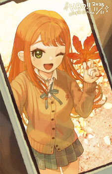 Rule 34 | 1girl, ;d, autumn leaves, blue ribbon, blue skirt, brown cardigan, cardigan, cellphone photo, character name, chiri sousu, commentary request, dated, fingernails, gakuen idolmaster, green eyes, happy birthday, hatsuboshi gakuen school uniform, highres, holding, holding leaf, idolmaster, leaf, long hair, long sleeves, looking at viewer, loose neck ribbon, mole, mole under eye, nail polish, neck ribbon, object focus, one eye closed, open collar, open mouth, orange eyes, pleated skirt, ribbon, school uniform, selfie, shiun sumika, skirt, smile, solo, straight hair, thighs, very long hair, white background
