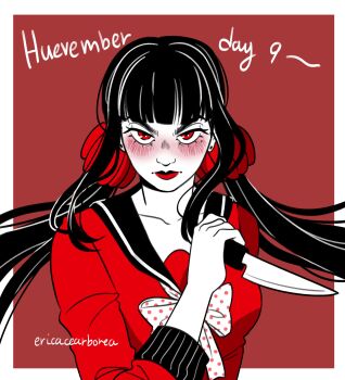 1girl black_hair blunt_bangs blush border closed_mouth commentary danganronpa_(series) ericacearborea eyelashes harukawa_maki highres holding holding_knife knife looking_at_viewer mole red_background red_eyes red_lips school_uniform sidelocks simple_background solo twintails twitter_username white_border