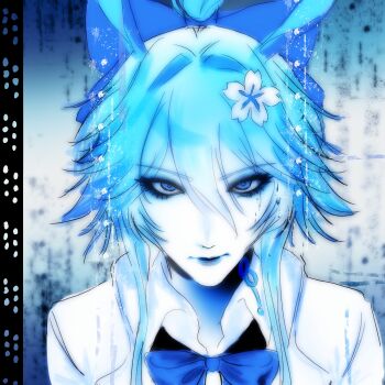 Rule 34 | 1girl, absurdres, album cover, album cover redraw, animal ears, blue background, bow, cherry blossoms, collared shirt, commentary, cover, derivative work, english commentary, evanescence, evanescia (honkai: star rail), flower, hair between eyes, hair flower, hair ornament, highres, honkai: star rail, honkai (series), long eyelashes, neeshkoshek, shirt, sidelocks