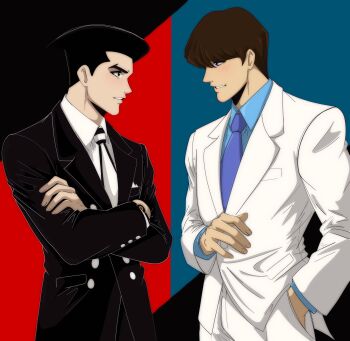 2boys black_background black_hair black_jacket blue_background blue_shirt brown_hair collared_shirt commentary crossover english_commentary fingernails hand_in_pocket highres jacket kaiba_seto male_focus mature_male megadeus_mommy multicolored_background multiple_boys necktie pants parted_lips red_background roger_smith shirt short_hair the_big_o two-tone_background white_jacket white_pants white_shirt yu-gi-oh! yu-gi-oh!_duel_monsters