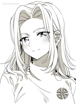 Rule 34 | 1girl, blush, chloe taylor, commentary, curtained hair, earclip, greyscale, light smile, long hair, looking at viewer, love live!, love live! nijigasaki high school idol club, love live! nijigasaki high school idol club the movie - finale, monochrome, portrait, sidelocks, simple background, solo, split mouth, surufuji, sweater, turtleneck, turtleneck sweater, twitter username, white background