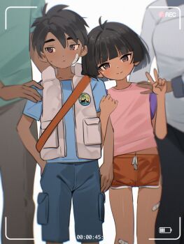 2boys 2girls averting_eyes bandaid bandaid_on_cheek bandaid_on_face bandaid_on_leg battery_indicator black_hair blue_shirt blue_shorts blunt_bangs brown_eyes closed_mouth dark-skinned_female dark-skinned_male dark_skin diego_marquez dolphin_shorts dora_marquez dora_the_explorer go_diego_go! hand_on_another's_shoulder hand_up highres jacket looking_at_viewer multiple_boys multiple_girls open_clothes open_jacket orange_shorts pink_shirt recording shirt short_hair short_shorts short_sleeves shorts sleeveless sleeveless_jacket smile sydus v very_short_hair viewfinder white_jacket