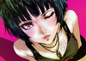 absurdres bare_shoulders black_hair black_tank_top breasts brown_eyes choker cleavage doctor goth_fashion highres jewelry necklace oeilvert_fft one_eye_closed persona persona_5 persona_5_the_royal pink_lips short_hair simple_background spiked_choker spikes takemi_tae tank_top