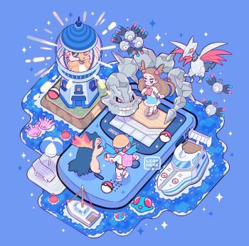 2girls ampharos beach_chair bike_shorts bird blue_dress blue_hair blush boat bow breasts brown_eyes brown_hair closed_eyes closed_mouth corsola dock dress fire flying game_boy game_boy_color gen_1_pokemon gen_2_pokemon hair_bobbles hair_ornament handheld_game_console hat holding holding_poke_ball jacket jasmine_(pokemon) kris_(pokemon) leaphere lighthouse long_hair long_sleeves magnemite magnet magneto multiple_girls nintendo ocean open_mouth orange_bow outdoors poke_ball poke_ball_(basic) pokemon pokemon_(creature) pokemon_gsc pokemon_hgss shirt shorts skarmory smile squid standing steelix swimming tentacool tentacruel twintails two_side_up typhlosion umbrella watercraft white_dress wings yellow_hat